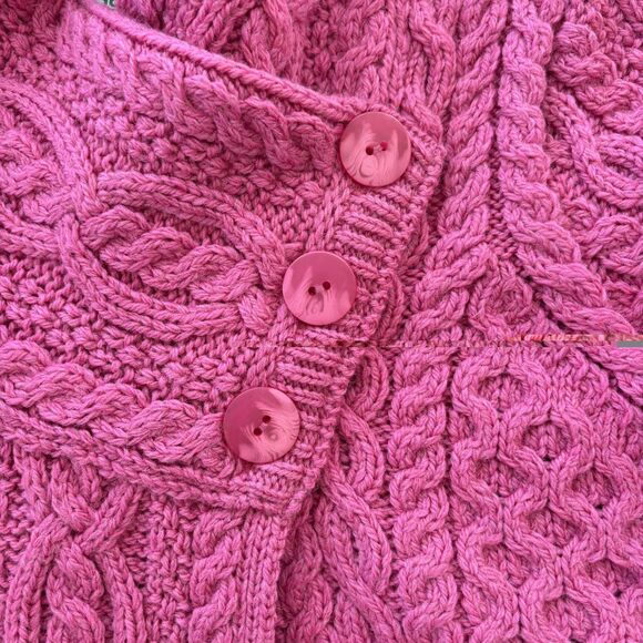 Aran Crafts 100% Merino Wool Cable Knit Cardigan Size XXS Chunky Pink Ireland - Picture 4 of 16